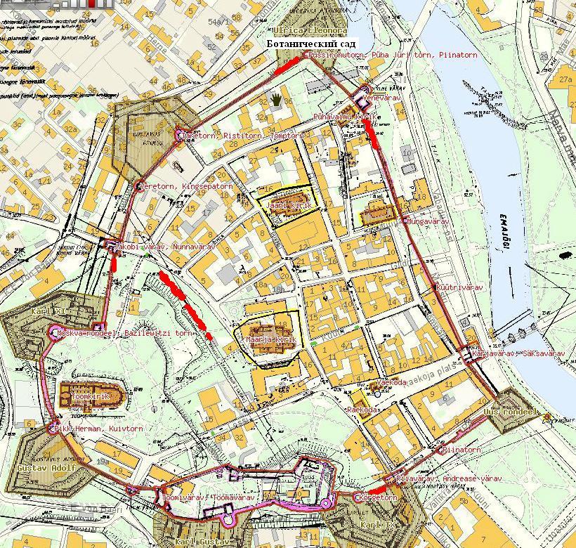 Средневековые стены на современной карте города Тарту